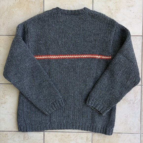 J Crew Sweater Men XL Tall XLT Gray Striped Heavy Chunky Hand Knit Wool Crewneck - Picture 4 of 6